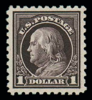 Costs of US Stamp Scott # 478: 1916 US$1.00 Franklin Perf 10. Matthew Bennett International, Dec 2007, Sale 325, Lot 2140