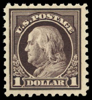 Costs of US Stamps Scott #478: 1916 US$1.00 Franklin Perf 10. Daniel Kelleher Auctions, Dec 2014, Sale 661, Lot 390