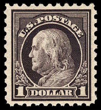 Value of US Stamps Scott Catalogue # 478: 1916 US$1.00 Franklin Perf 10. Cherrystone Auctions, Jul 2013, Sale 201307, Lot 135