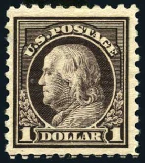 US Stamps Values Scott Catalogue # 478 - US$1.00 1916 Franklin Perf 10. Harmer-Schau Auction Galleries, Oct 2008, Sale 79, Lot 215