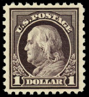 Values of US Stamps Scott Catalogue #478: 1916 US$1.00 Franklin Perf 10. Daniel Kelleher Auctions, Mar 2014, Sale 648, Lot 2185