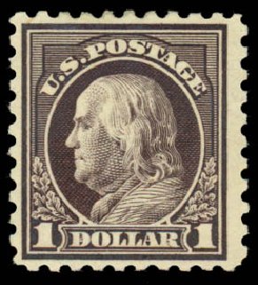 Value of US Stamp Scott 478 - 1916 US$1.00 Franklin Perf 10. Daniel Kelleher Auctions, Mar 2014, Sale 650, Lot 2642