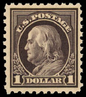 Values of US Stamps Scott Cat. # 478 - 1916 US$1.00 Franklin Perf 10. Daniel Kelleher Auctions, Dec 2014, Sale 661, Lot 392
