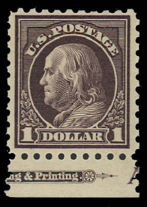 US Stamps Values Scott Cat. 478: 1916 US$1.00 Franklin Perf 10. Daniel Kelleher Auctions, Jun 2012, Sale 630, Lot 1863