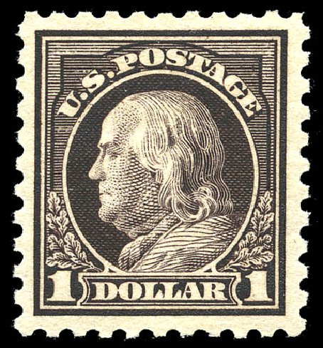 US Stamp Values Scott Catalog #478: 1916 US$1.00 Franklin Perf 10. Matthew Bennett International, May 2014, Sale 350, Lot 626