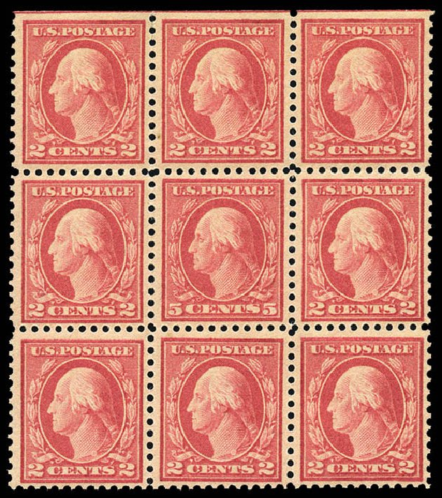 Values of US Stamps Scott Cat. 505 - 1917 5c Washington Perf 11 Error. Matthew Bennett International, May 2014, Sale 350, Lot 639