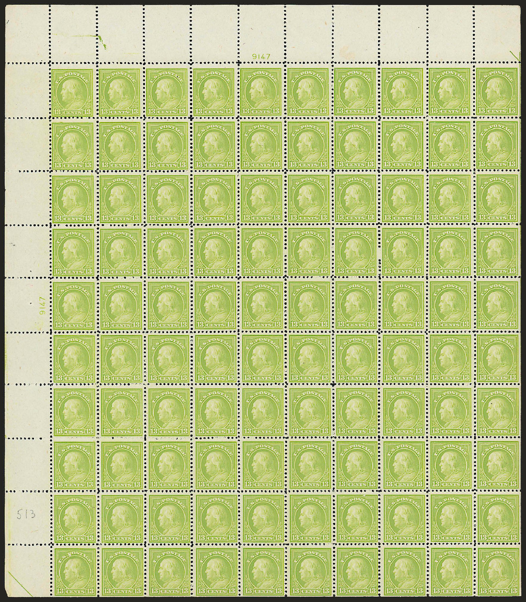 US Stamp Values Scott Catalog # 513: 1917 13c Franklin Perf 11. Robert Siegel Auction Galleries, Jun 2010, Sale 992, Lot 2514