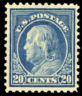 US Stamps Values Scott Cat. # 515: 20c 1917 Franklin Perf 11. Daniel Kelleher Auctions, Dec 2012, Sale 633, Lot 889