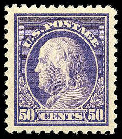 Cost of US Stamp Scott Cat. # 517 - 1917 50c Franklin Perf 11. Matthew Bennett International, Apr 2008, Sale 326, Lot 466