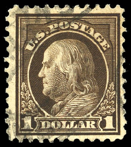 Value of US Stamp Scott Catalog #518: 1917 US$1.00 Franklin Perf 11. Matthew Bennett International, May 2014, Sale 350, Lot 647