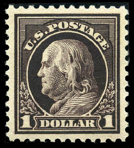 Value of US Stamp Scott Catalog 518: US$1.00 1917 Franklin Perf 11. Matthew Bennett International, Feb 2012, Sale 340, Lot 488