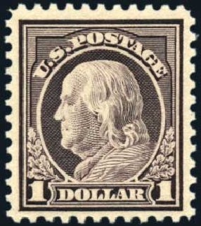 US Stamps Values Scott Cat. # 518: US$1.00 1917 Franklin Perf 11. Harmer-Schau Auction Galleries, Oct 2010, Sale 87, Lot 321