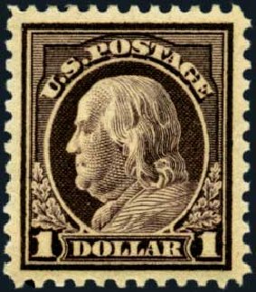 Values of US Stamps Scott Catalog #518: 1917 US$1.00 Franklin Perf 11. Harmer-Schau Auction Galleries, Aug 2012, Sale 94, Lot 1611