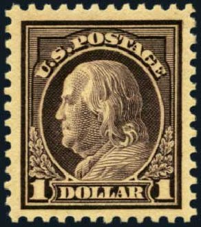 US Stamp Values Scott Catalog 518: 1917 US$1.00 Franklin Perf 11. Harmer-Schau Auction Galleries, Jan 2013, Sale 96, Lot 584