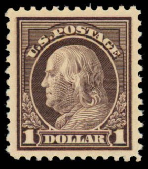 US Stamp Price Scott # 518 - 1917 US$1.00 Franklin Perf 11. Daniel Kelleher Auctions, Sep 2013, Sale 639, Lot 3624