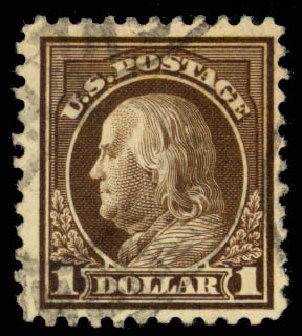 Costs of US Stamps Scott Catalog 518 - 1917 US$1.00 Franklin Perf 11. Daniel Kelleher Auctions, Mar 2013, Sale 635, Lot 605