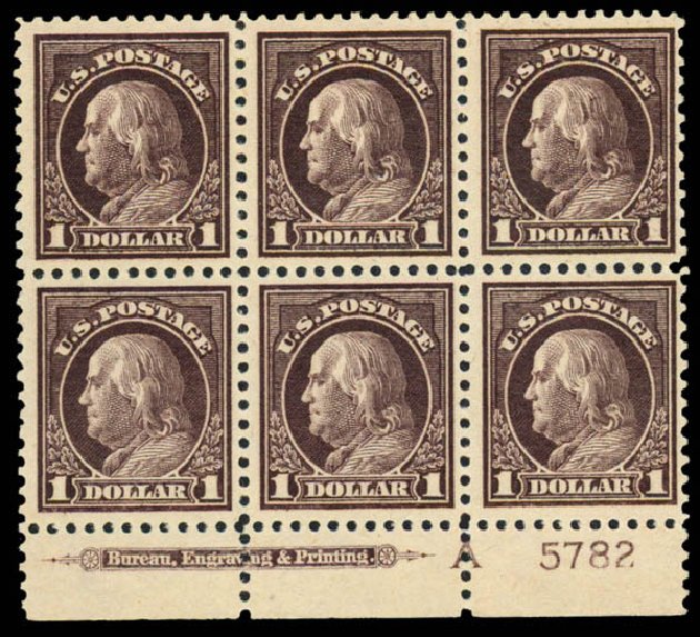 US Stamps Prices Scott Cat. # 518: US$1.00 1917 Franklin Perf 11. Daniel Kelleher Auctions, Sep 2013, Sale 639, Lot 3625