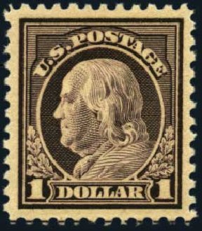 Costs of US Stamps Scott Catalog 518: US$1.00 1917 Franklin Perf 11. Harmer-Schau Auction Galleries, Aug 2012, Sale 94, Lot 1613
