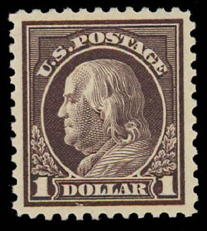 US Stamps Value Scott Catalog 518: US$1.00 1917 Franklin Perf 11. Daniel Kelleher Auctions, Oct 2011, Sale 626, Lot 413