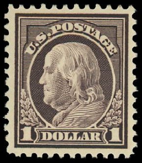 Values of US Stamps Scott #518 - 1917 US$1.00 Franklin Perf 11. Daniel Kelleher Auctions, Oct 2012, Sale 632, Lot 1393