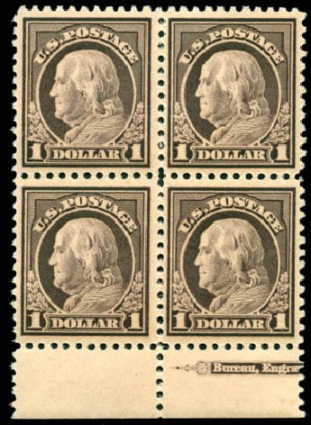 US Stamps Prices Scott Cat. #518: US$1.00 1917 Franklin Perf 11. Matthew Bennett International, Jun 2008, Sale 328, Lot 1016