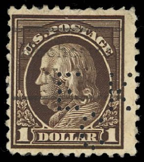 Cost of US Stamps Scott Cat. 518: 1917 US$1.00 Franklin Perf 11. Daniel Kelleher Auctions, Jan 2012, Sale 628, Lot 536