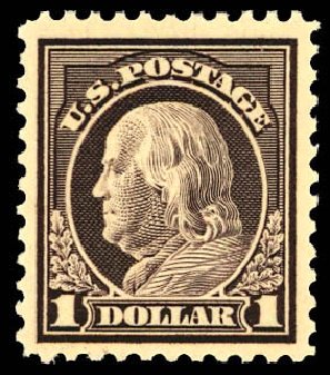 Prices of US Stamps Scott Catalogue #518: 1917 US$1.00 Franklin Perf 11. Daniel Kelleher Auctions, Dec 2012, Sale 633, Lot 896