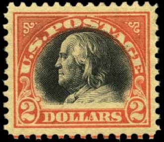 Values of US Stamps Scott Catalogue #523: 1918 US$2.00 Franklin Perf 11. Harmer-Schau Auction Galleries, Feb 2012, Sale 92, Lot 1187