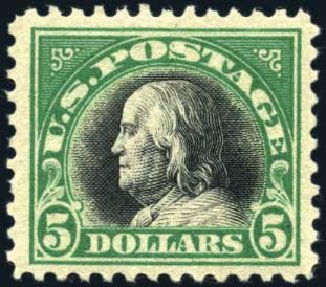 US Stamp Price Scott 524: 1918 US$5.00 Franklin Perf 11. Harmer-Schau Auction Galleries, Oct 2009, Sale 83, Lot 447