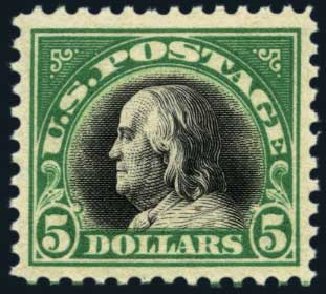 Prices of US Stamps Scott Cat. 524: 1918 US$5.00 Franklin Perf 11. Harmer-Schau Auction Galleries, Oct 2013, Sale 99, Lot 197