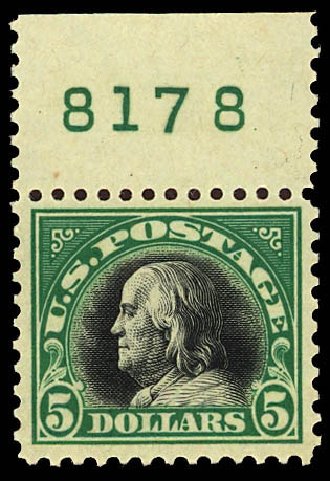 Price of US Stamp Scott 524: 1918 US$5.00 Franklin Perf 11. Daniel Kelleher Auctions, Dec 2012, Sale 633, Lot 907