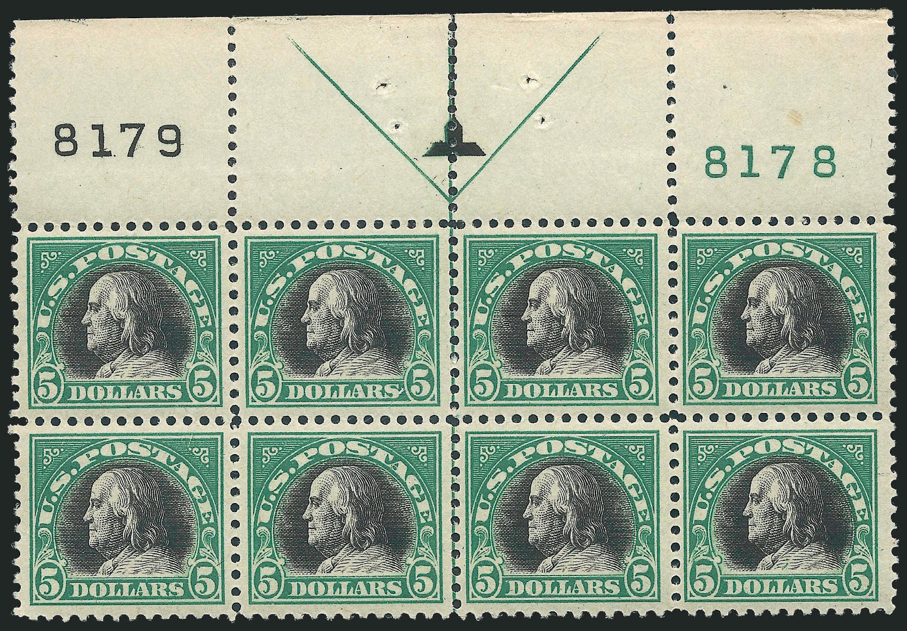 US Stamps Values Scott Cat. #524 - 1918 US$5.00 Franklin Perf 11. Robert Siegel Auction Galleries, Oct 2010, Sale 997, Lot 6068