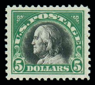 Values of US Stamps Scott Catalogue #524: 1918 US$5.00 Franklin Perf 11. Matthew Bennett International, Jun 2007, Sale 319, Lot 1489