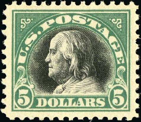 Values of US Stamp Scott Cat. # 524 - 1918 US$5.00 Franklin Perf 11. Spink Shreves Galleries, Jan 2015, Sale 150, Lot 199