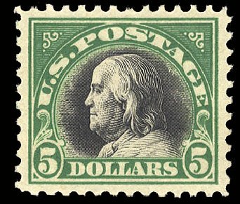 Values of US Stamp Scott Catalogue 524: US$5.00 1918 Franklin Perf 11. Cherrystone Auctions, Jul 2009, Sale 200907, Lot 160
