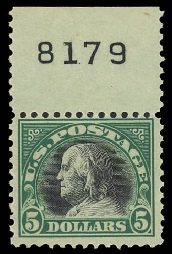 Value of US Stamp Scott Catalogue #524 - US$5.00 1918 Franklin Perf 11. Daniel Kelleher Auctions, Apr 2012, Sale 629, Lot 380