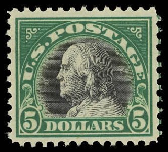 US Stamps Price Scott Catalogue 524 - 1918 US$5.00 Franklin Perf 11. Daniel Kelleher Auctions, Aug 2012, Sale 631, Lot 1270