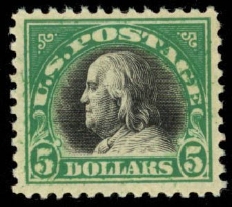 US Stamps Price Scott # 524: US$5.00 1918 Franklin Perf 11. Daniel Kelleher Auctions, Apr 2013, Sale 636, Lot 400
