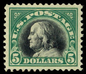 Prices of US Stamp Scott Cat. # 524 - 1918 US$5.00 Franklin Perf 11. Daniel Kelleher Auctions, Sep 2013, Sale 639, Lot 3630