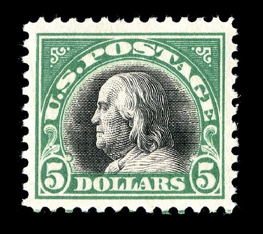 US Stamps Values Scott Catalog 524 - US$5.00 1918 Franklin Perf 11. Spink Shreves Galleries, May 2014, Sale 148, Lot 340