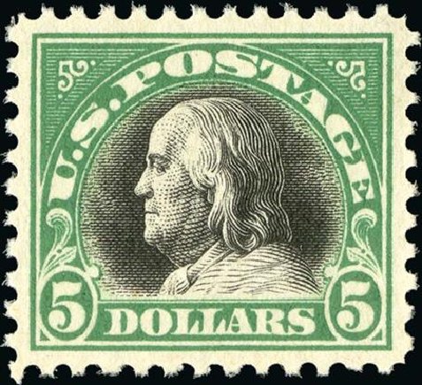 Costs of US Stamps Scott #524 - 1918 US$5.00 Franklin Perf 11. Spink Shreves Galleries, Jan 2015, Sale 150, Lot 200