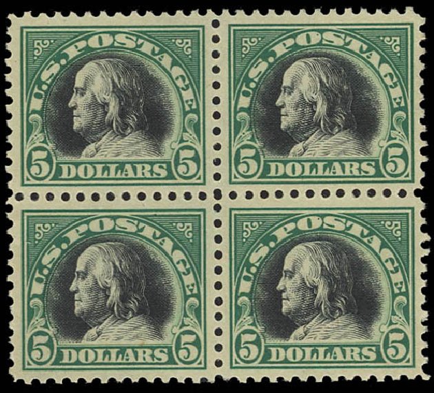 US Stamp Values Scott Catalogue 524: 1918 US$5.00 Franklin Perf 11. Daniel Kelleher Auctions, Apr 2012, Sale 629, Lot 381