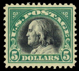 Value of US Stamps Scott Cat. # 524: US$5.00 1918 Franklin Perf 11. Daniel Kelleher Auctions, Sep 2013, Sale 639, Lot 3631