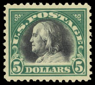 Values of US Stamp Scott Cat. # 524 - 1918 US$5.00 Franklin Perf 11. Daniel Kelleher Auctions, May 2014, Sale 653, Lot 2241
