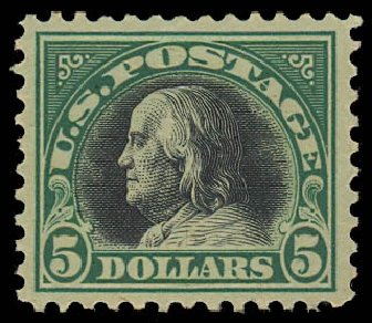 US Stamps Value Scott 524 - US$5.00 1918 Franklin Perf 11. Daniel Kelleher Auctions, Jul 2011, Sale 625, Lot 1024