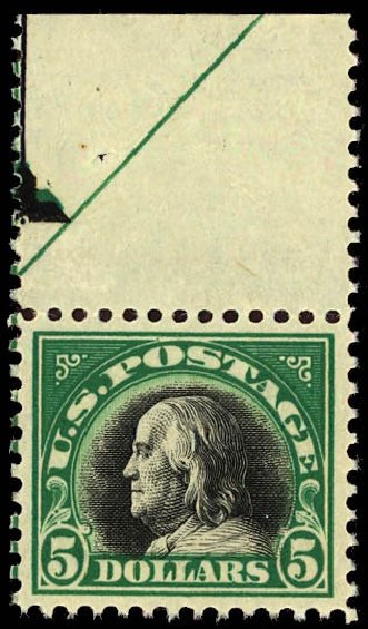 US Stamp Values Scott #524 - US$5.00 1918 Franklin Perf 11. Daniel Kelleher Auctions, Dec 2012, Sale 633, Lot 904