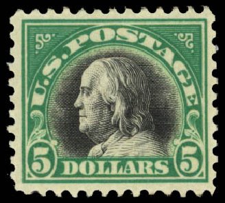 US Stamp Values Scott Catalog # 524: US$5.00 1918 Franklin Perf 11. Daniel Kelleher Auctions, Dec 2013, Sale 640, Lot 444