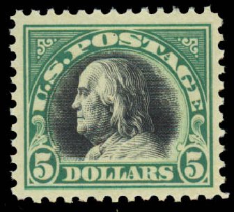 Values of US Stamp Scott Catalogue #524: 1918 US$5.00 Franklin Perf 11. Daniel Kelleher Auctions, May 2014, Sale 652, Lot 724