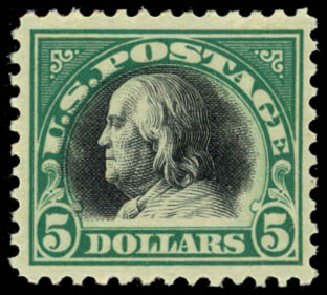 Value of US Stamp Scott # 524 - US$5.00 1918 Franklin Perf 11. Daniel Kelleher Auctions, Sep 2014, Sale 655, Lot 564
