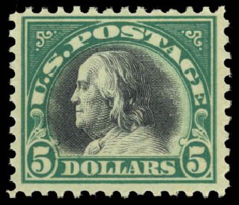 US Stamps Values Scott Cat. 524: 1918 US$5.00 Franklin Perf 11. Daniel Kelleher Auctions, Dec 2014, Sale 661, Lot 404